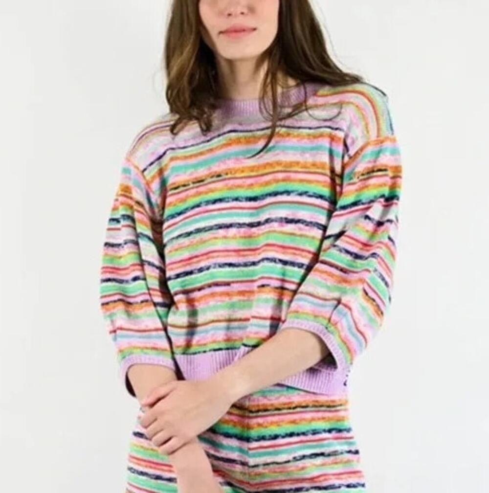 Kerri Rosenthal Lala Sweater Knit Vibrant Pink Green StripeTop Puff Sleeves, XS